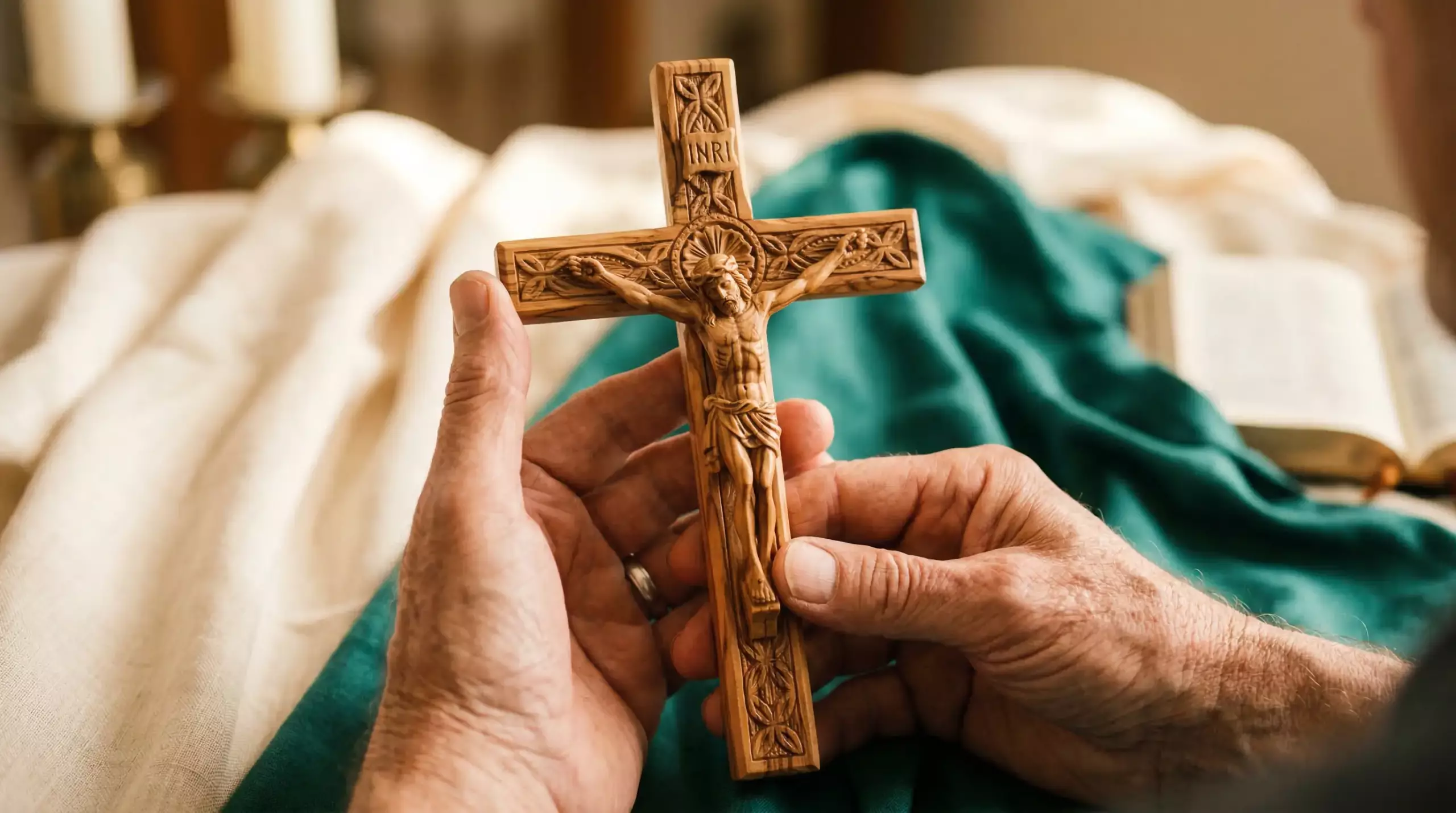 Artisan hands presenting a hand-carved olive wood crucifix