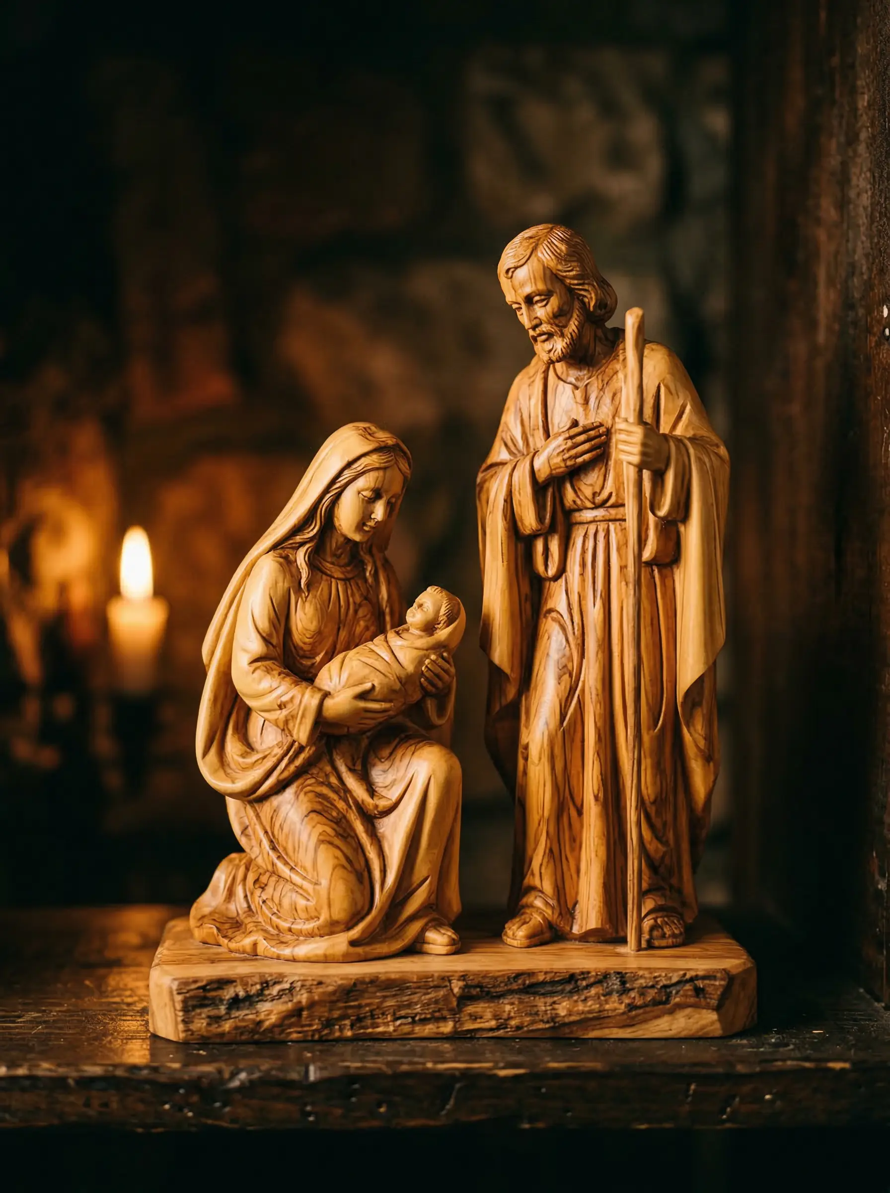 Handcrafted olive wood Holy Family nativity set with dramatic lighting