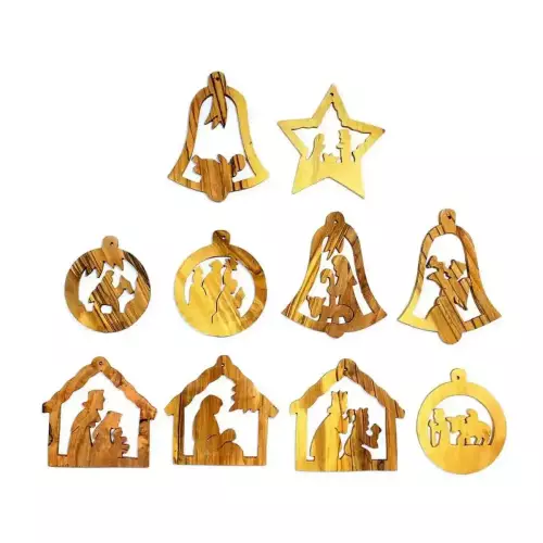 Hanging Olive Wood Christmas Ornaments Set of 10 (medium) #OR101