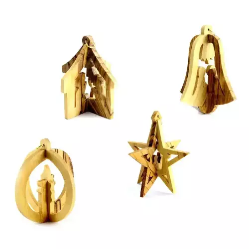 Olive Wood Christmas Tree Ornaments 3D set of 4 #OR111