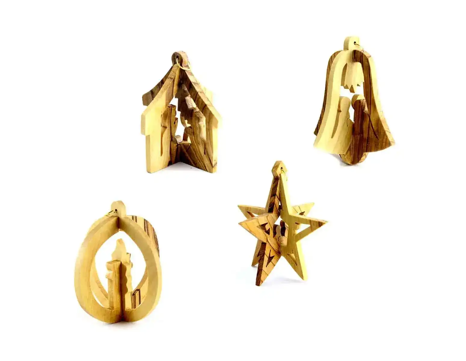 Olive Wood Christmas Tree Ornaments 3D set of 4 #OR111