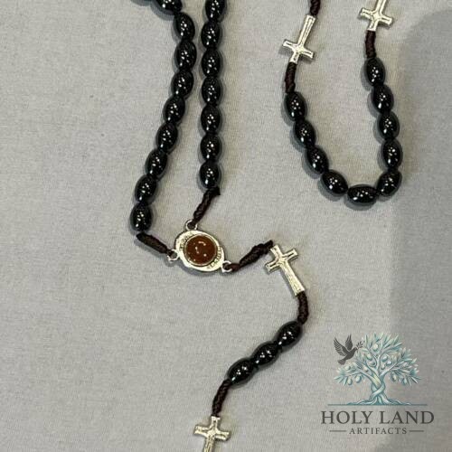 Black Hematite Holy Land Rosary with Soil Center #R123