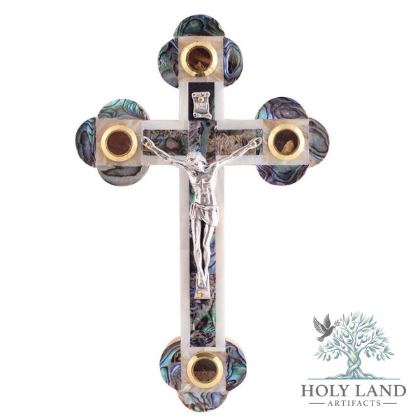 Mother of Pearl Abalone Crucifix with Holy Land Relics #CR235