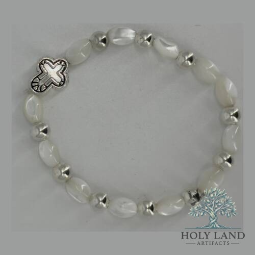 Mother of Pearl and Silver Stretch Bracelet with Cross #J172