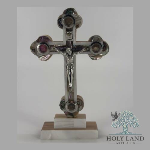 Mother of Pearl Standing Crucifix with Holy Land Relics #CR193
