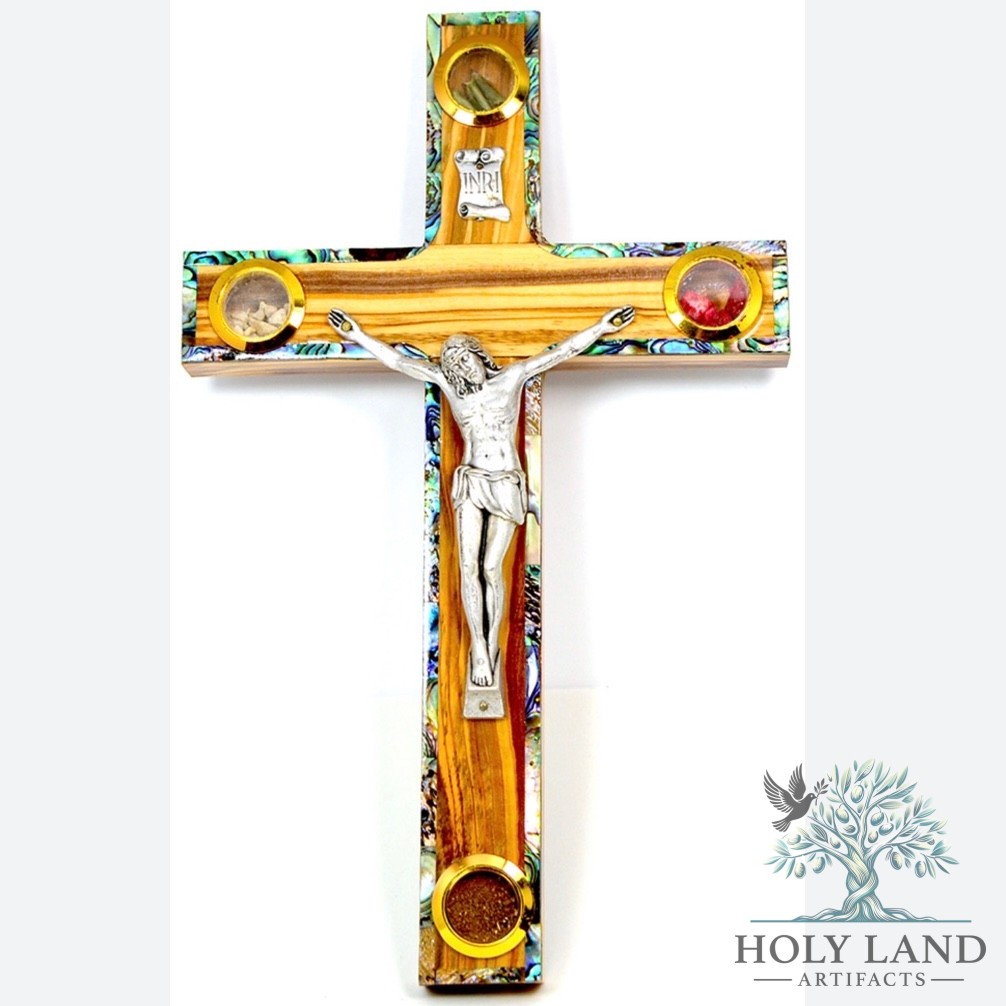 Olive Wood Abalone Crucifix with Holy Land Relics #CR236