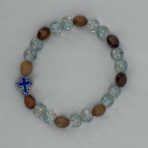 Olive Wood and Blue Glass Cross Bracelet #J175