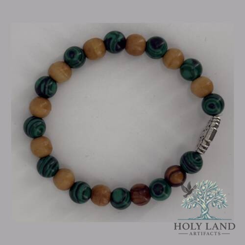 Olive Wood and Malachite Bead Stretch Bracelet #J170