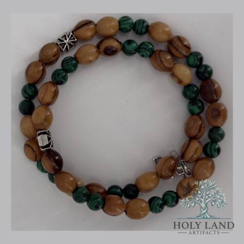 Olive Wood and Malachite Wrap Bracelet with Cross Spacers #J171