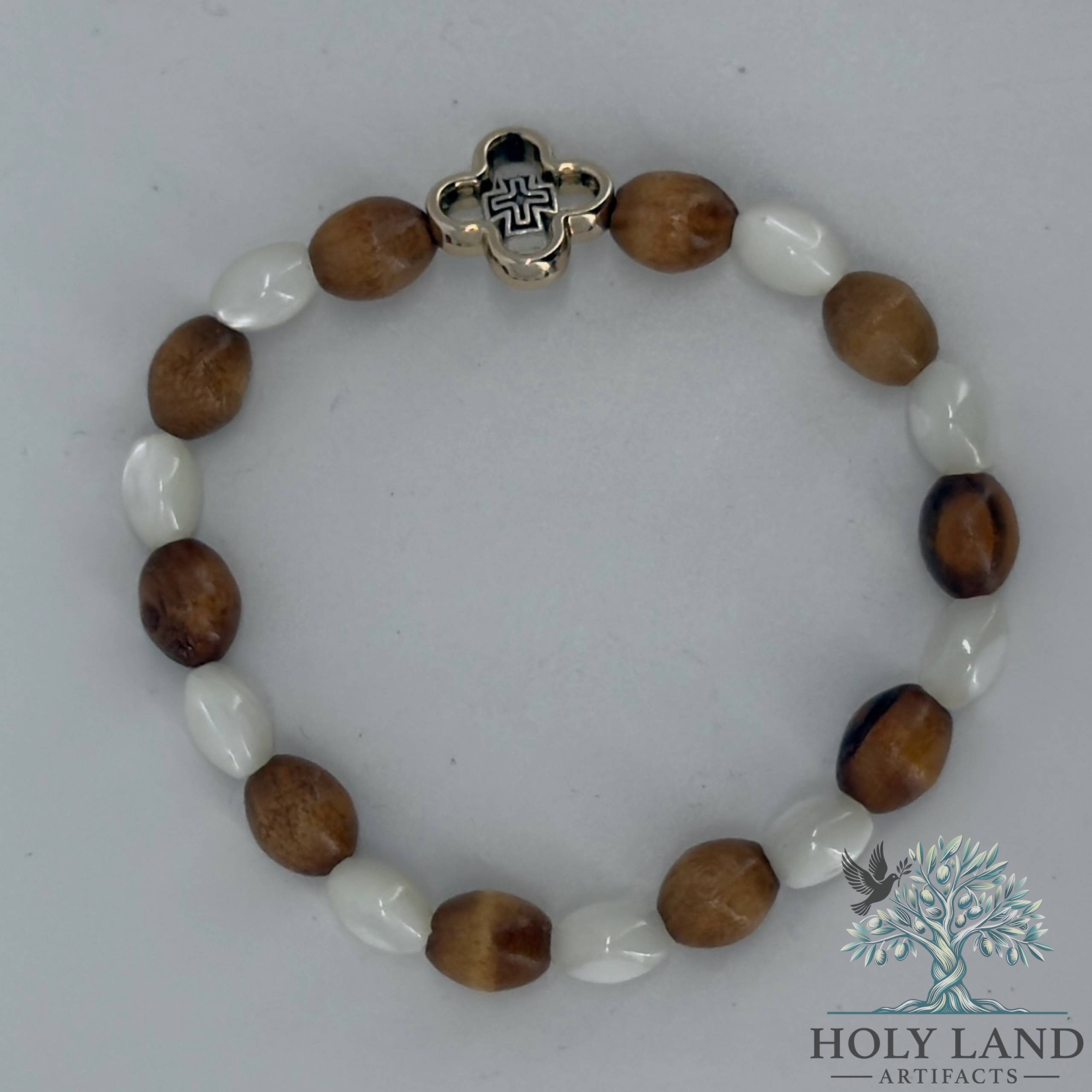 Olive Wood and Mother of Pearl Bracelet Jerusalem Cross #J176