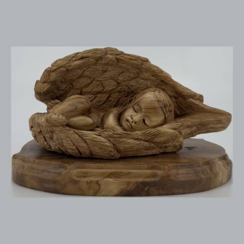 Olive Wood Baby Jesus in Angel Wings Sculpture #NA179
