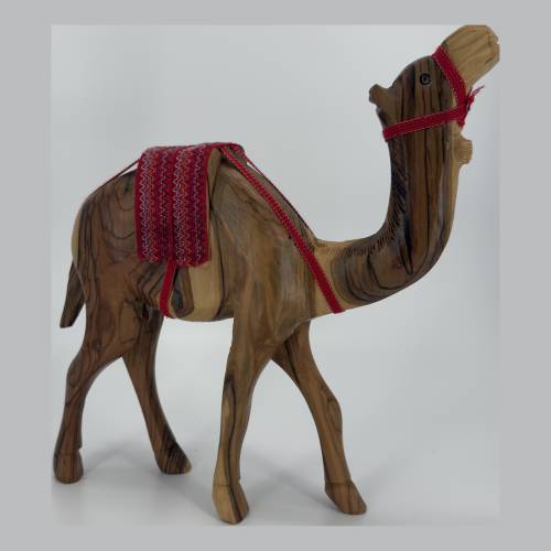 Olive Wood Camel Figurine with Embroidered Saddle Holy Land #NA169