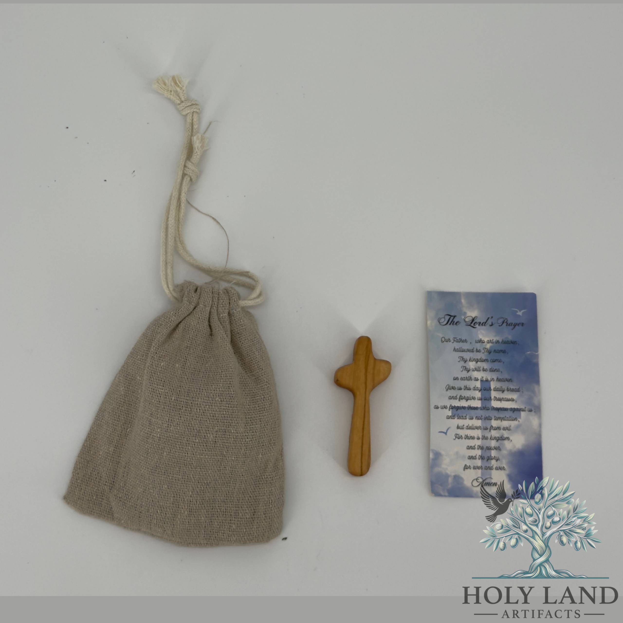 Olive Wood Comfort Hand Cross with Linen Pouch and Lord'S Prayer Card #CR200