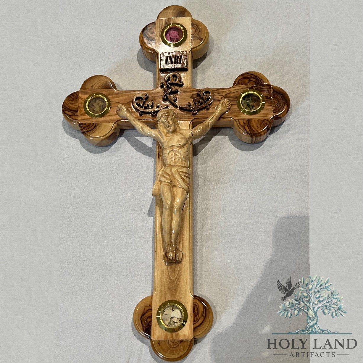 Olive Wood Crucifix with Holy Land Relics and Carved Corpus — Quatrefoil #CR244
