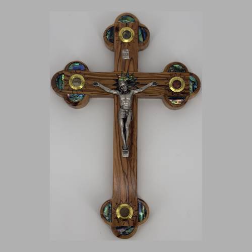 Olive Wood Crucifix with Abalone Inlay and 5 Holy Land Relic Capsules #CR211
