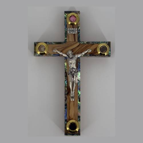 Olive Wood Crucifix with Abalone Inlay, INRI and 4 Holy Land Relic Capsules #CR215