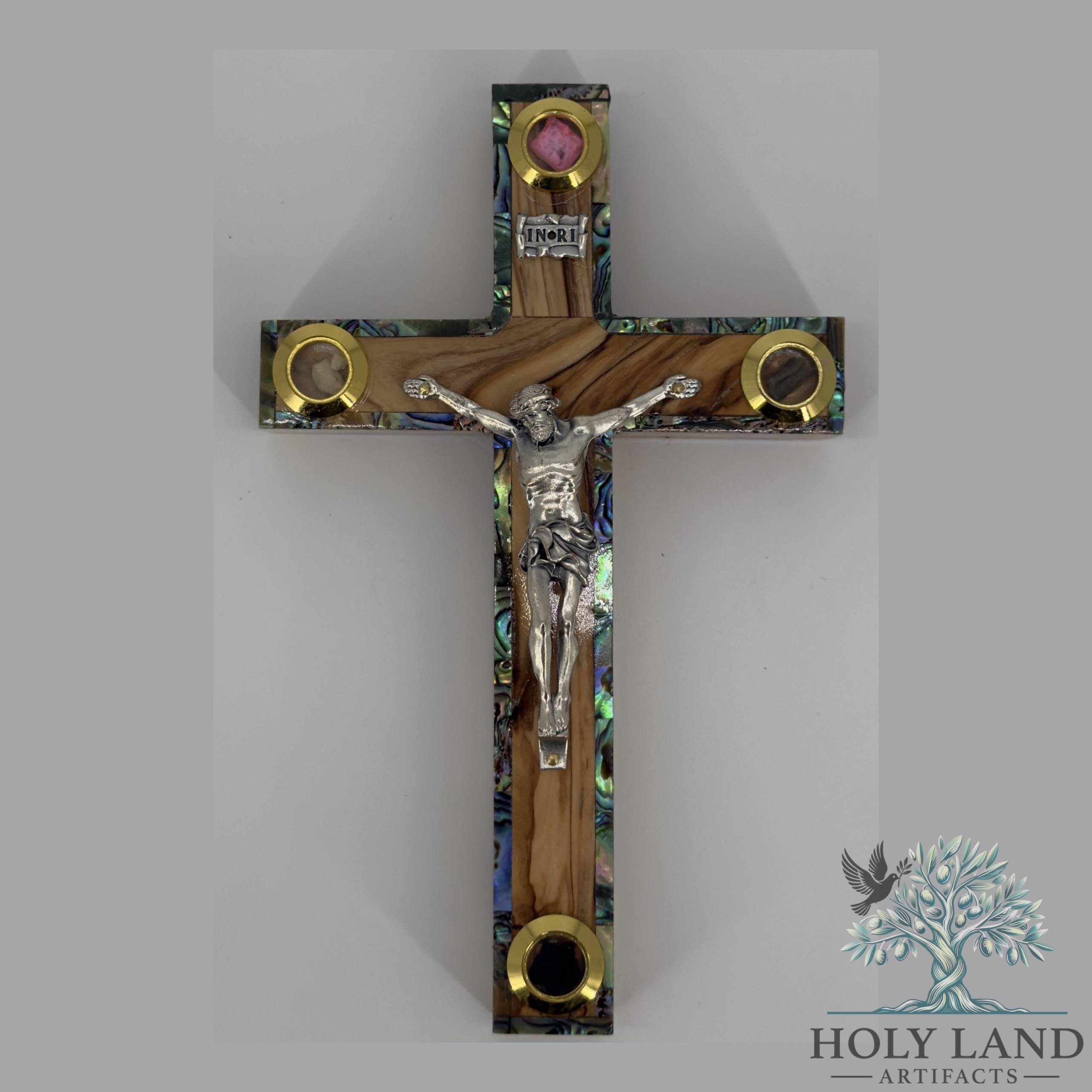 Olive Wood Crucifix with Abalone Inlay, INRI and 4 Holy Land Relic Capsules #CR215