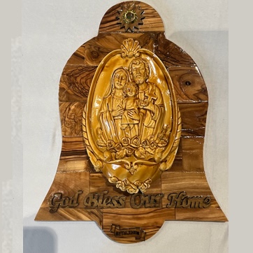 Olive Wood God Bless our Home Bell-Shaped Plaque with Holy Family Relief #PL151