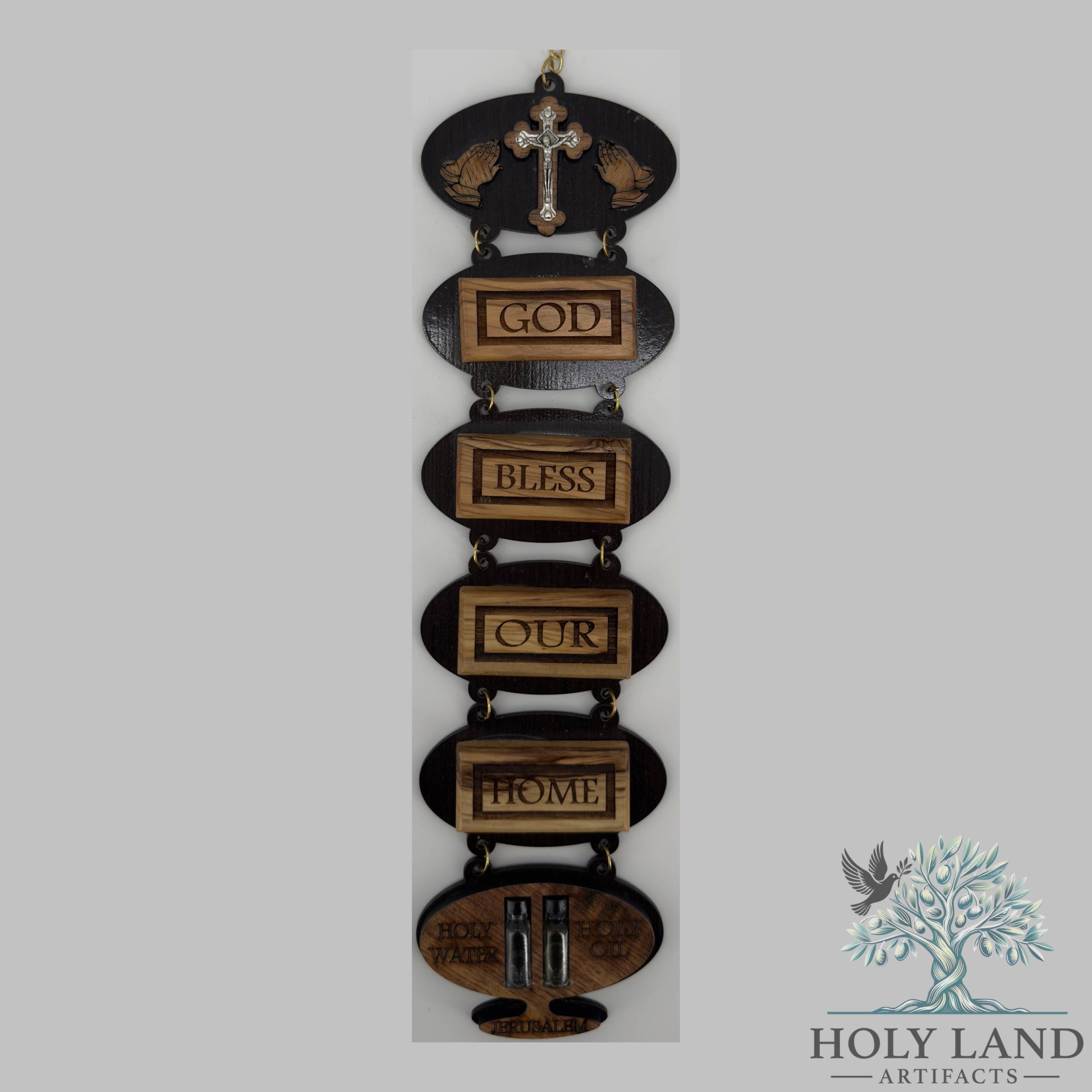 Olive Wood God Bless our Home Chain Plaque with Holy Water and Oil #CR229