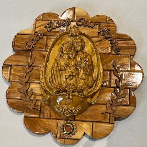 Olive Wood God Bless our Home Plaque — Flower Shape with Holy Family Relief #PL149