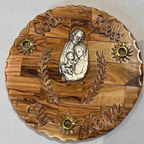 Olive Wood God Bless our Home Round Plaque — Holy Family with Gem Insets #PL150