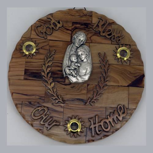 Olive Wood God Bless our Home Round Wall Plaque with Holy Family #PL114