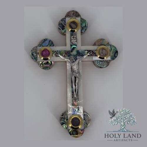 Mother-Of-Pearl and Abalone Crucifix with Orthodox Budded Terminals and 4 Holy Land Relic Capsules#CR220