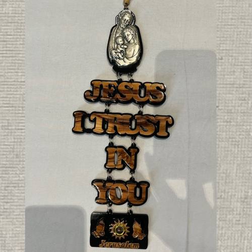 Olive Wood 'Jesus I Trust in You' Wall Hanging with Holy Family Icon — Jerusalem #PL148