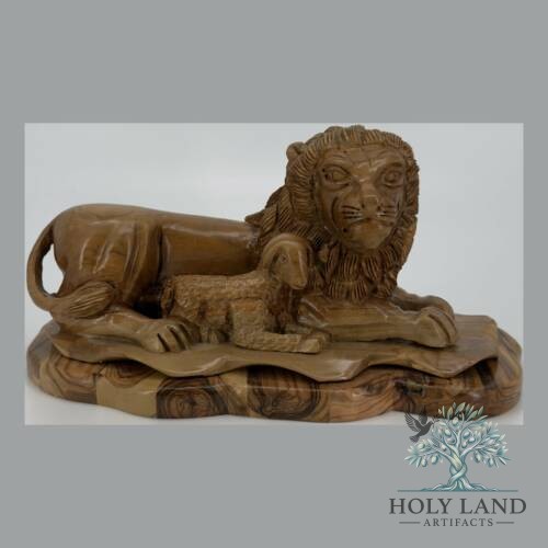 Olive Wood Lion and Lamb Figurine #FI169