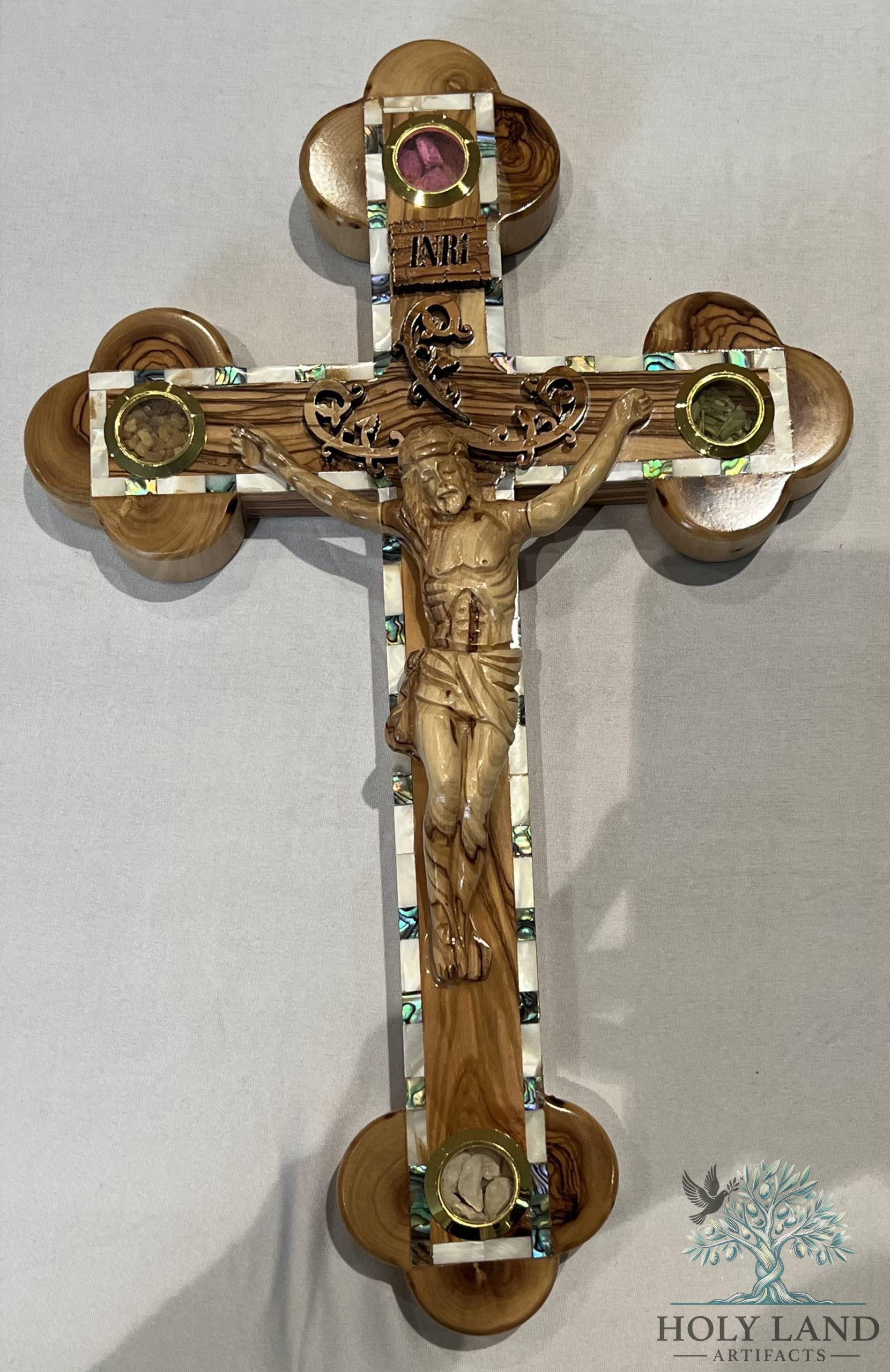 Olive Wood Mother of Pearl Crucifix with Carved Corpus and Relic Capsules #CR242