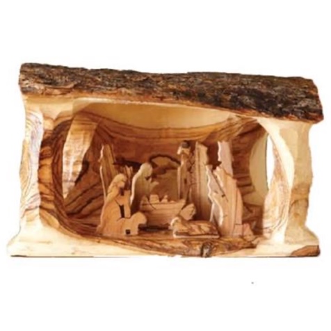 Olive Wood Nativity Grotto Log Cave Scene #NA189