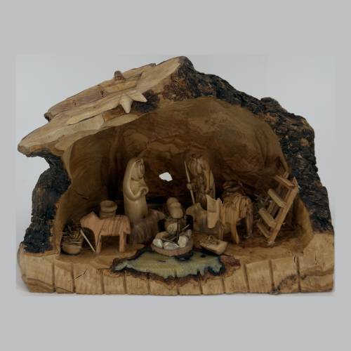 Olive Wood Nativity Grotto Set with Bark Cave and Figurines #NA168