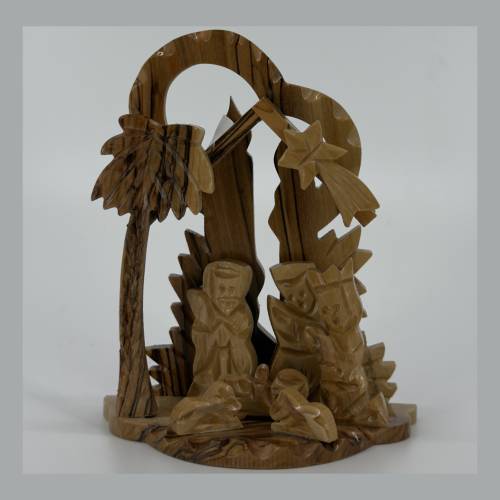 Olive Wood Nativity Grotto Set with Comet Star and Palm Tree #NA176