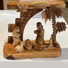 Olive Wood Nativity Grotto Set with Palm Tree and Figures #NA191