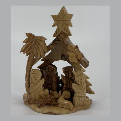 Olive Wood Nativity Grotto Set with Star and Palm Tree #NA175