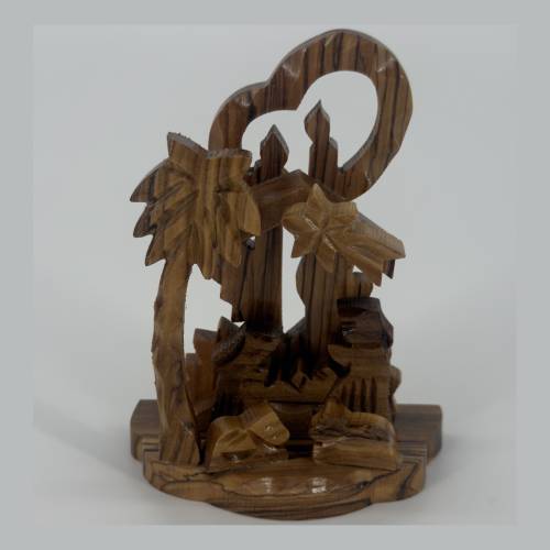 Olive Wood Nativity Heart Frame Grotto Scene #NA145