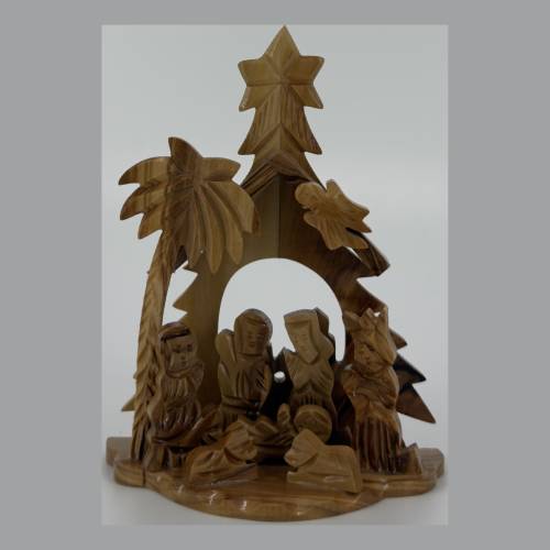 Olive Wood Nativity Set Complete Scene with Arch and Figurines #NA173