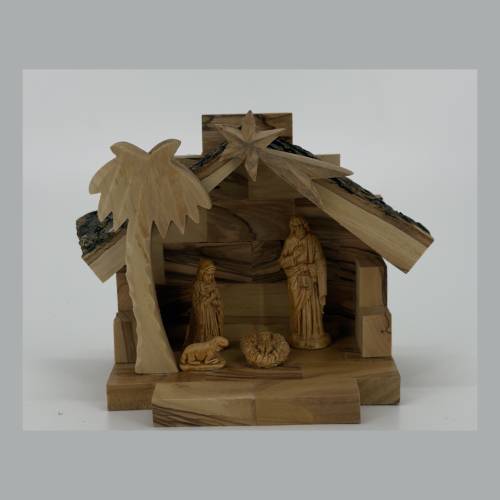 Olive Wood Nativity Set with Stable Star and Palm Tree #NA172