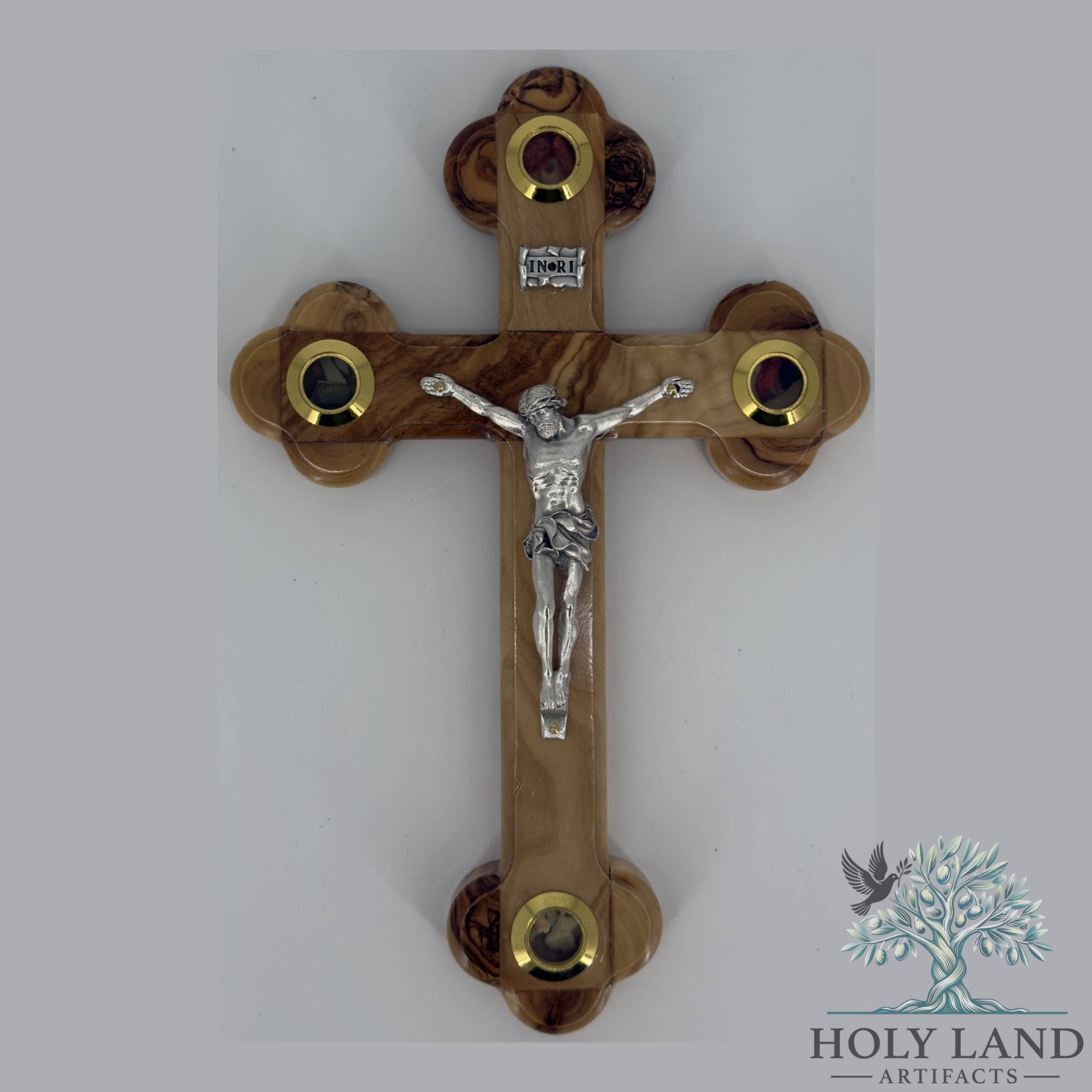 Olive Wood Orthodox Budded Crucifix with INRI and 4 Holy Land Relic Capsules #CR212