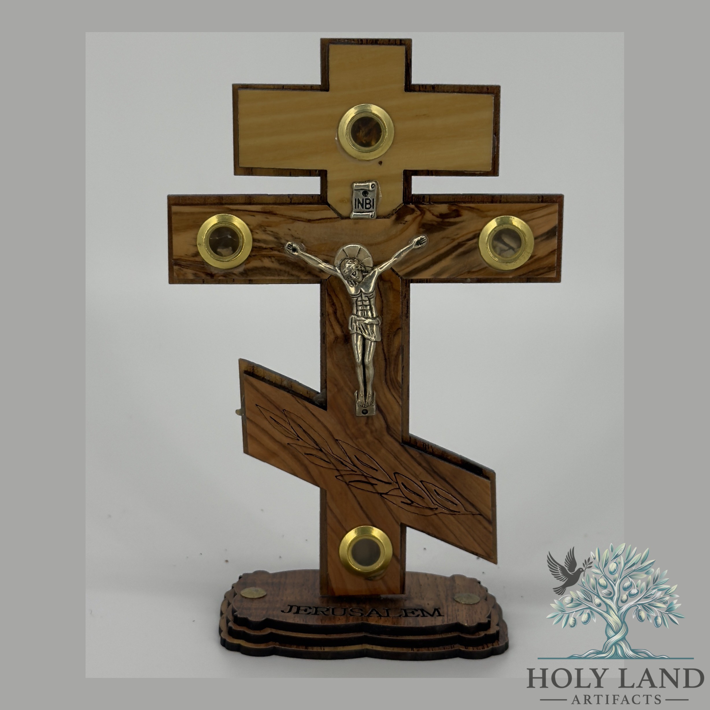 Olive Wood Orthodox Jerusalem Standing Crucifix with Holy Land Relics #CR201