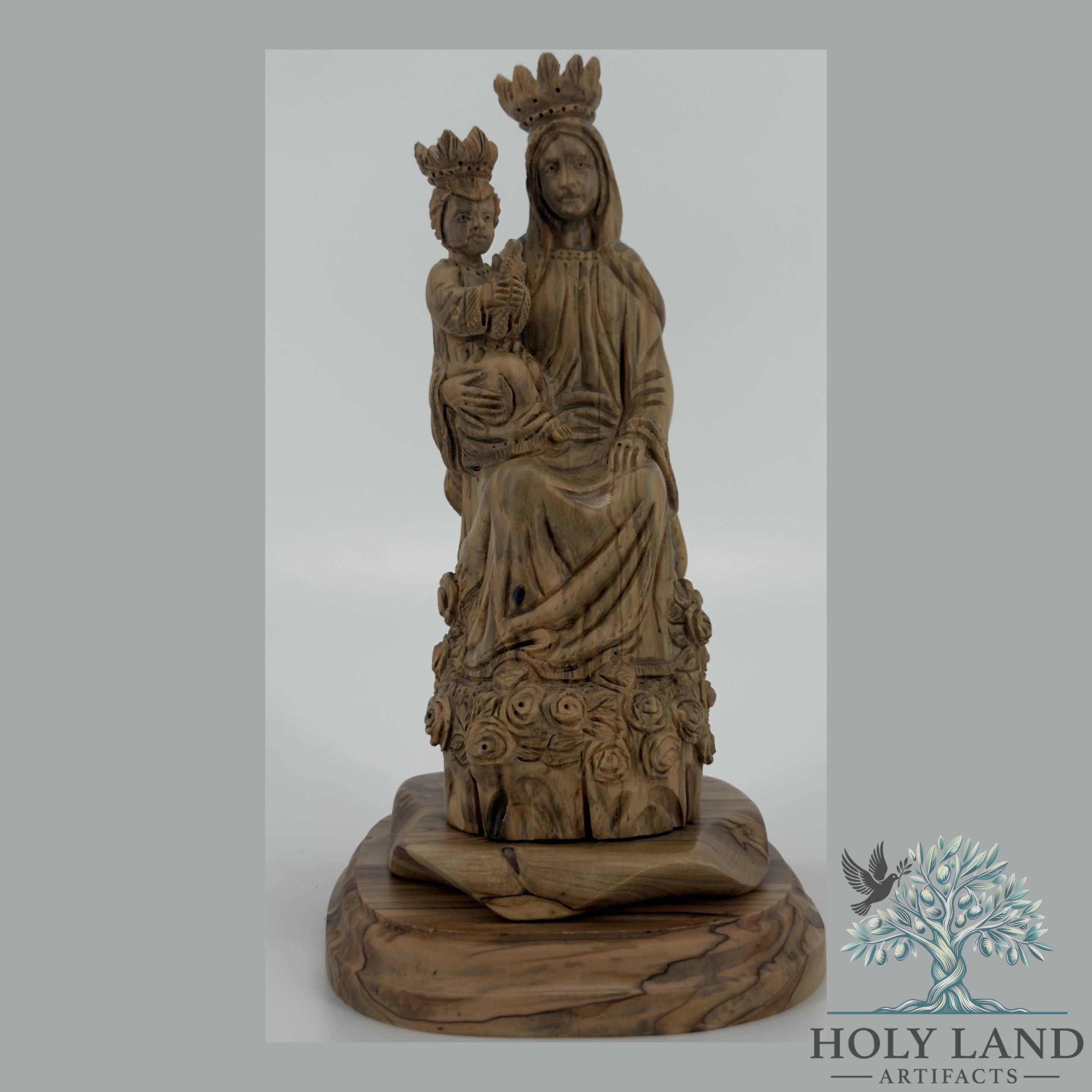 Olive Wood our Lady Madonna and Child Figurine with Crown #FI155