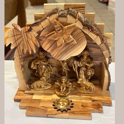 Olive Wood Premium Nativity Grotto Set with Bark Roof and Holy Land Relic Inset #NA192