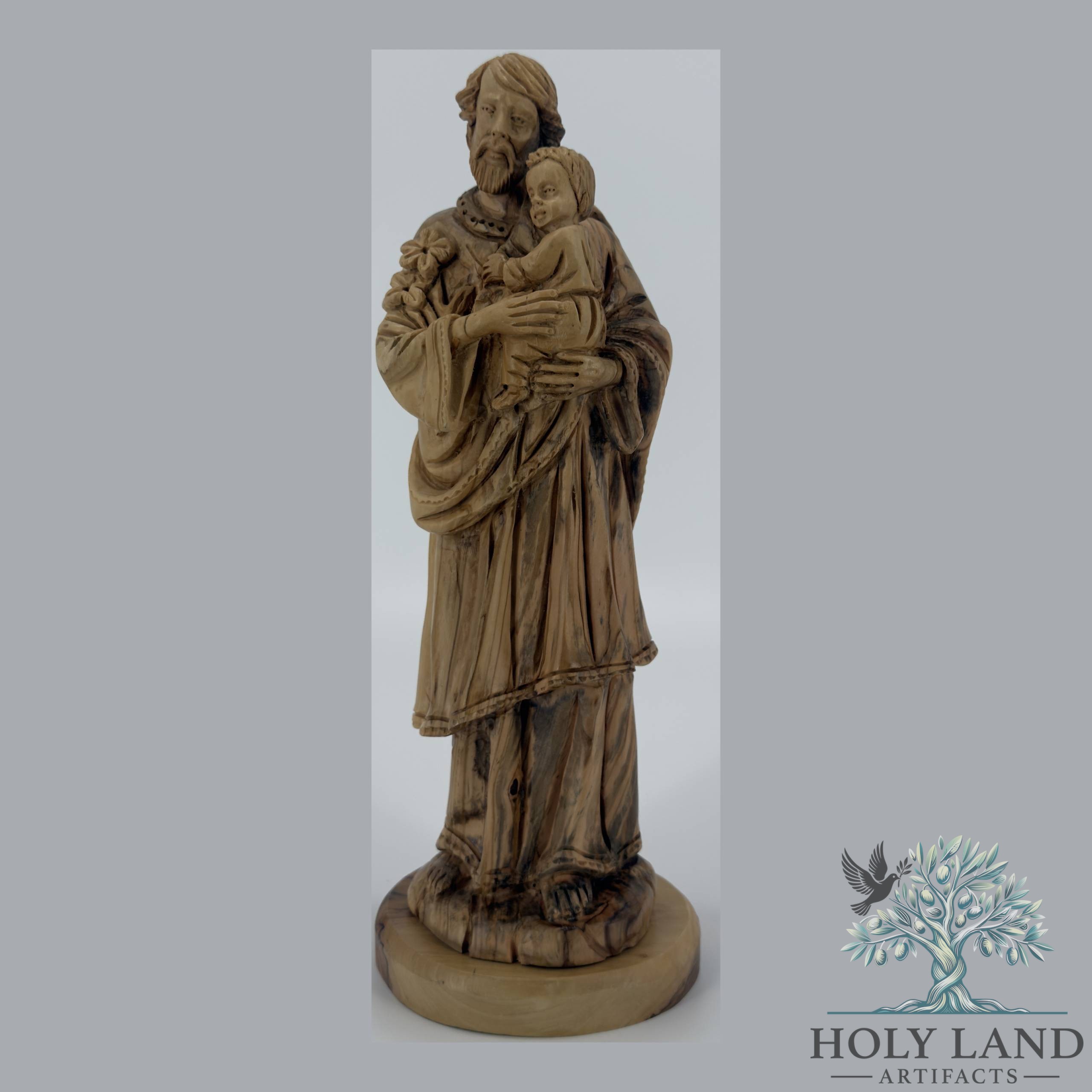 Olive Wood Saint Joseph with Child and Lily Statue #FI151