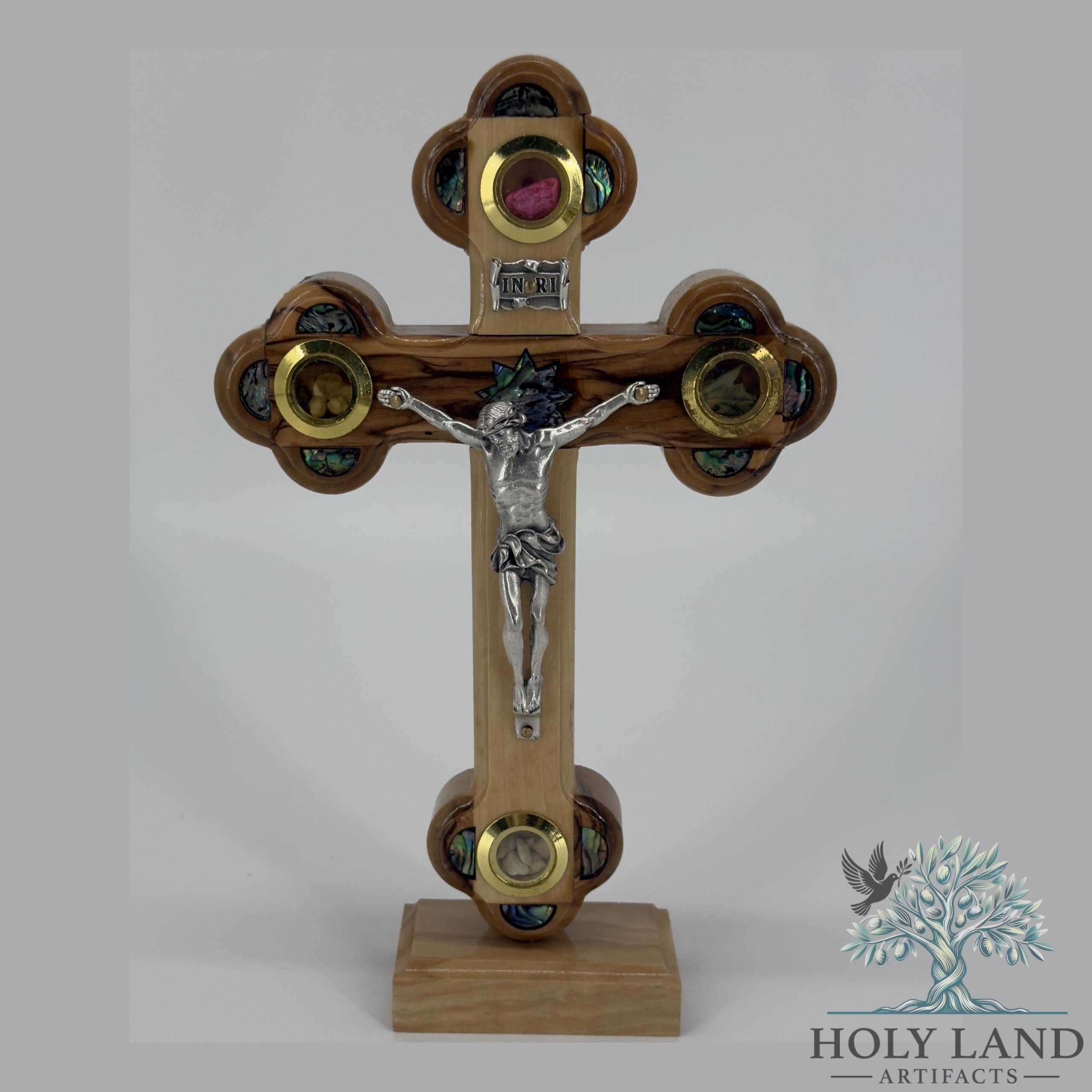 Olive Wood Standing Crucifix Holy Land Relics Abalone Light Wood #CR203
