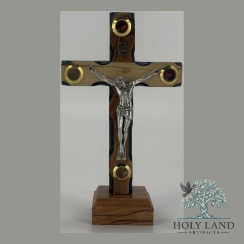 Olive Wood Standing Crucifix Two-Tone with Holy Land Relics #CR194