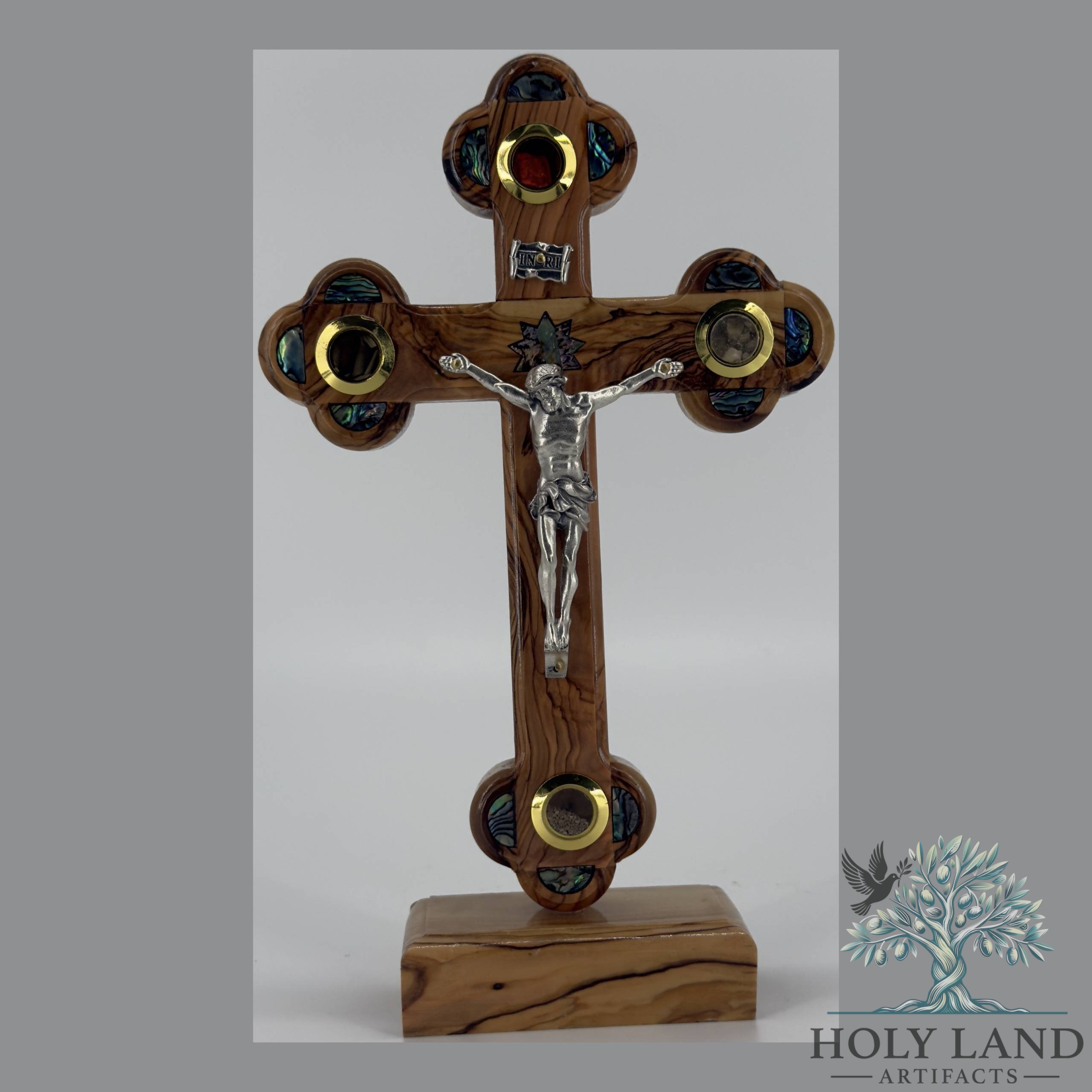Olive Wood Standing Crucifix with Holy Land Relics and Abalone Inlay #CR199