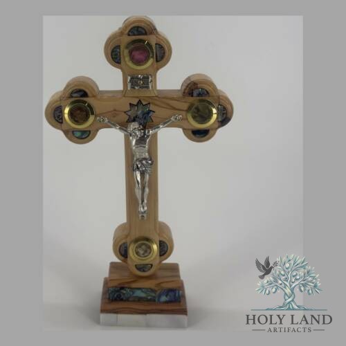 Olive Wood Standing Crucifix with Holy Land Relics and Gold Relic Windows #CR189