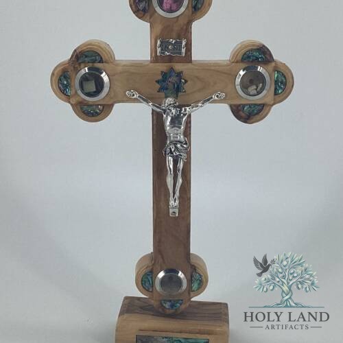 Olive Wood Standing Crucifix with Holy Land Relics and Mother of Pearl Inlay #CR184