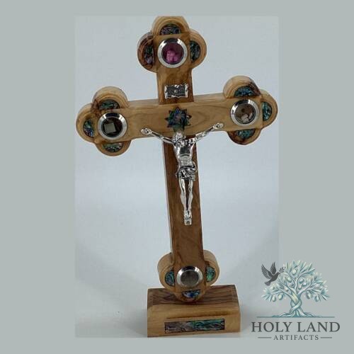 Olive Wood Standing Crucifix with Holy Land Relics and Mother of Pearl Inlay #CR185