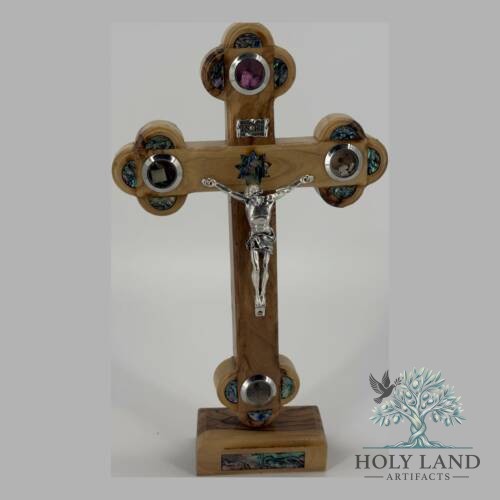 Olive Wood Standing Crucifix with Holy Land Relics and Mother of Pearl Inlay #CR186